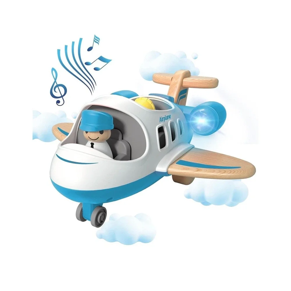 Wanborns Blue White Toy Airplane Set with Light and Sound 2 Figures Kids Play